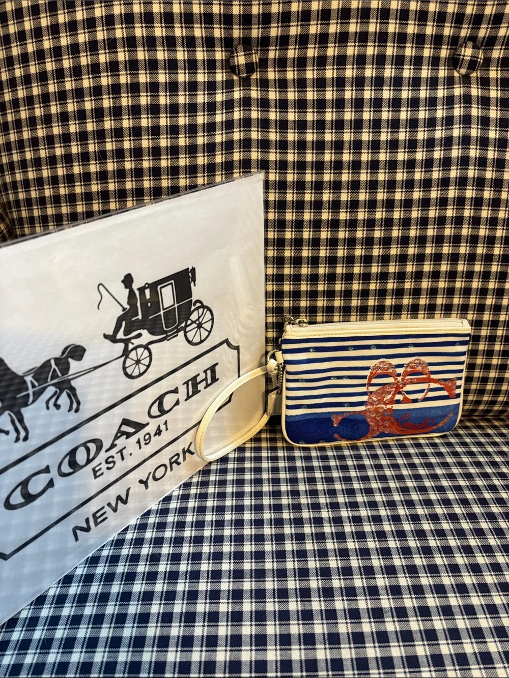 Coach Striped sparkle Wristlet Card Case in Blue, White & Orange